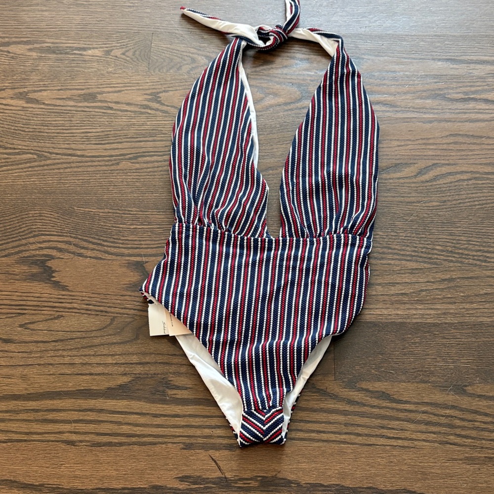 Navy Striped Halter One Piece Swimsuit